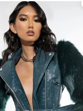 Teal Croc-Textured Faux Leather Jacket with Teal Faux Fur Sleeves